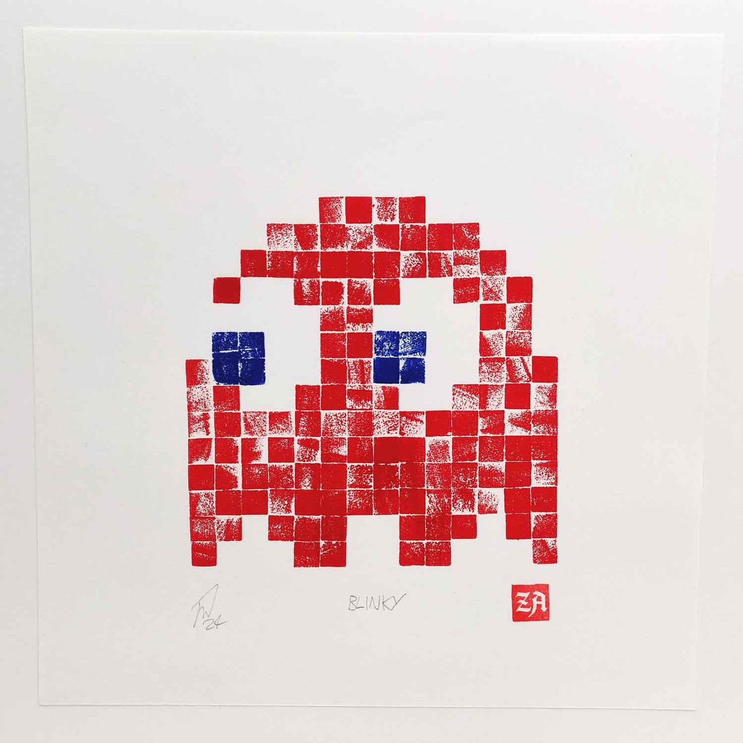 Blinky Pacman Ghost - woodcut print