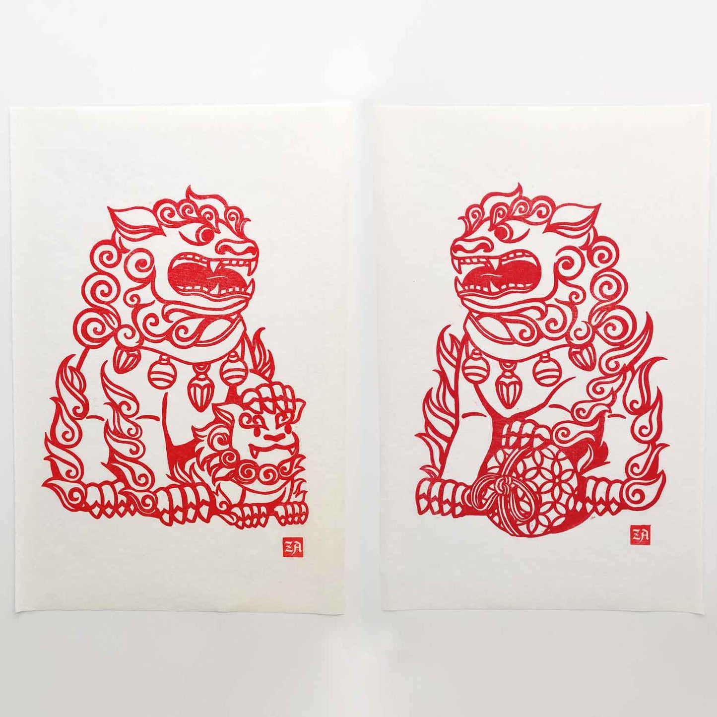 Chinese Guardian Lions - woodcut prints