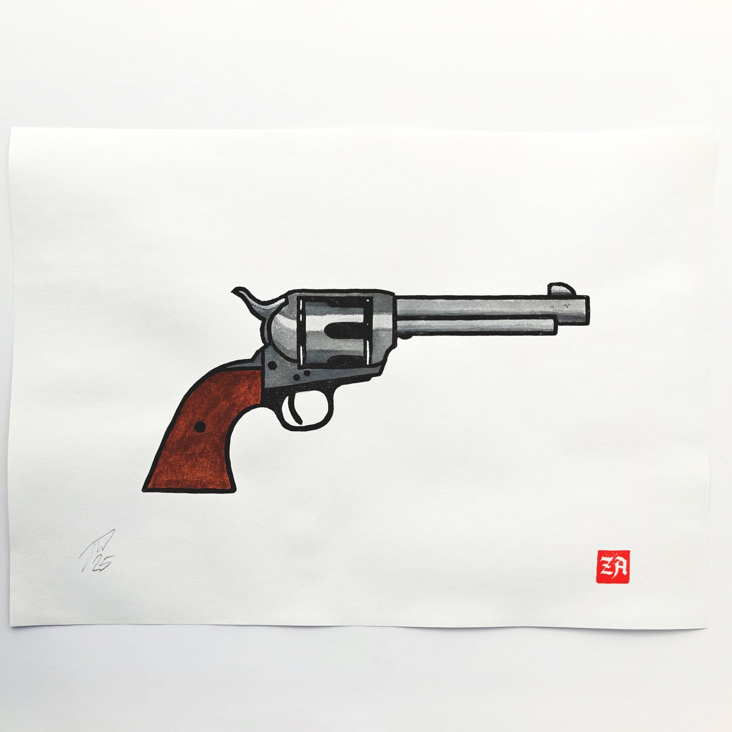 Colt Revolver - woodcut print