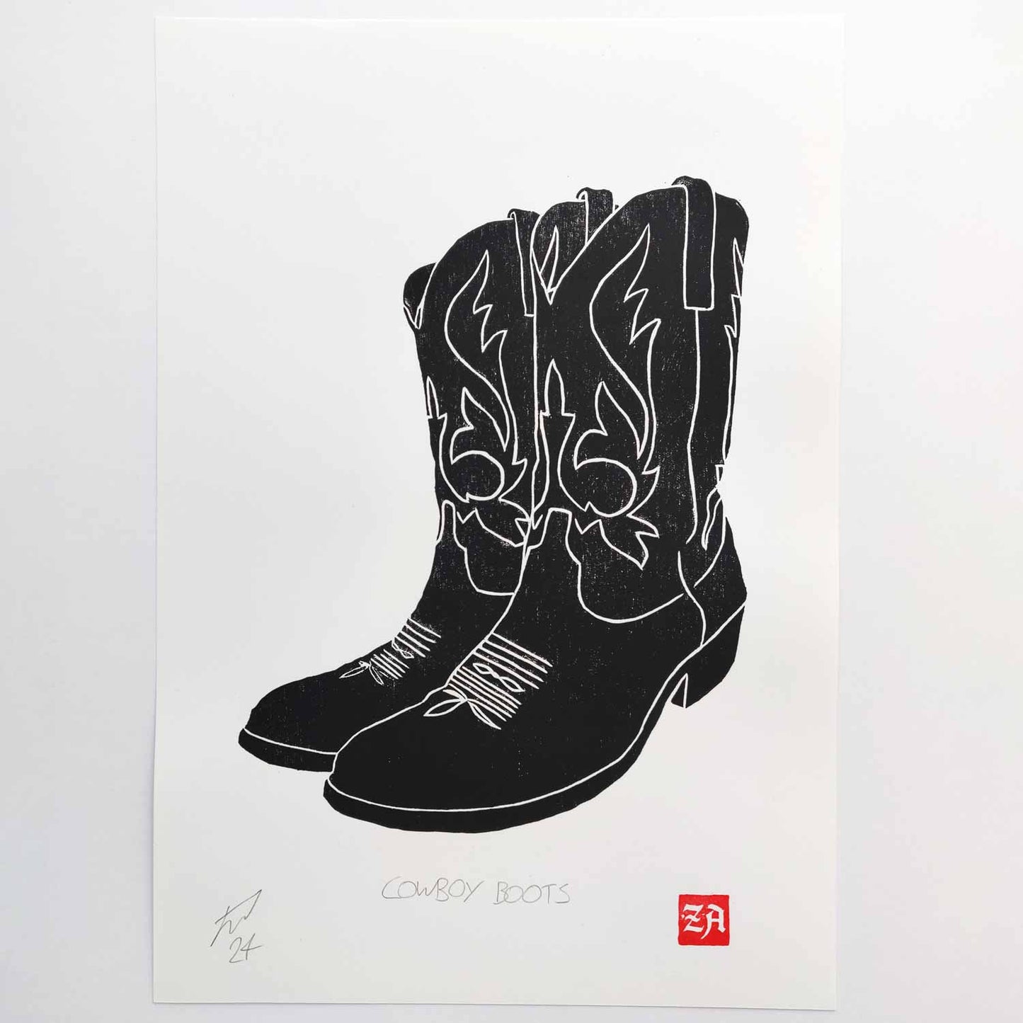 Cowboy Boots - woodcut print