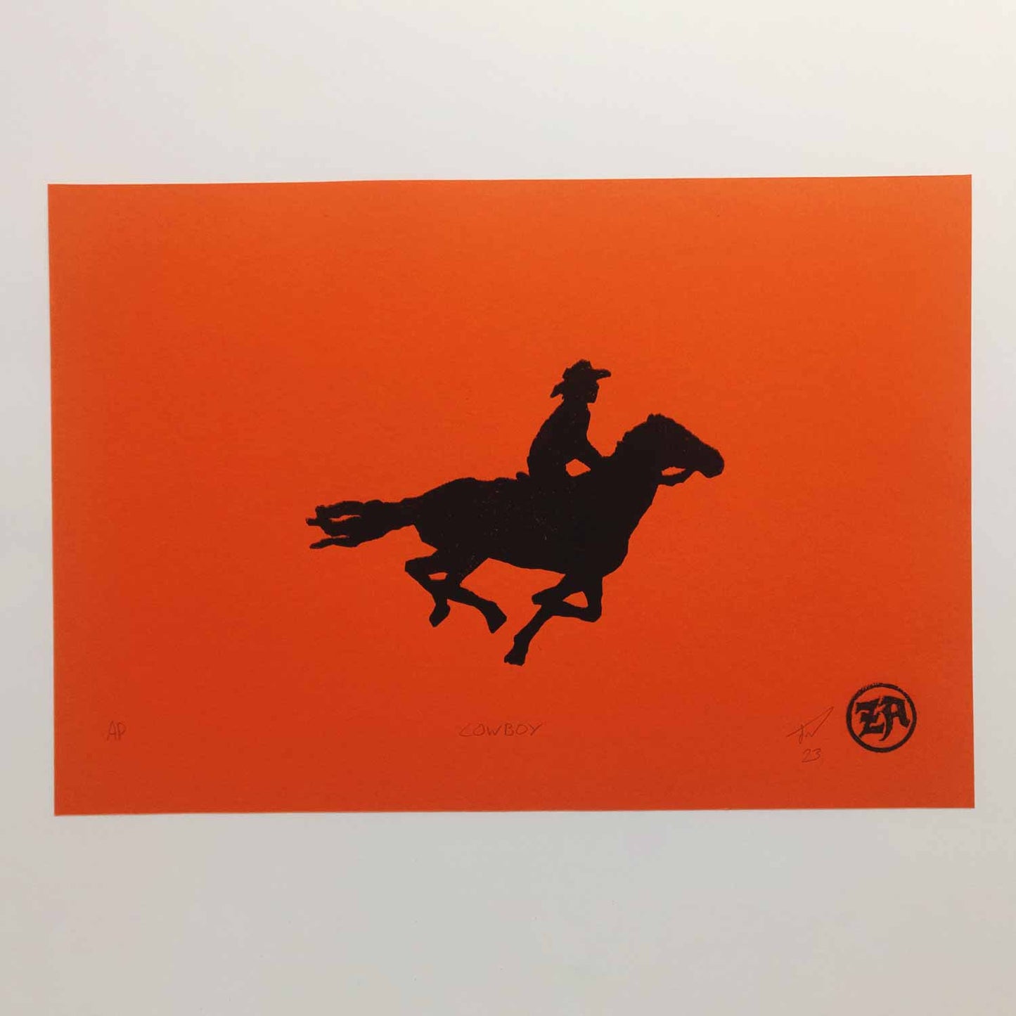 Cowboy on horseback - woodcut print