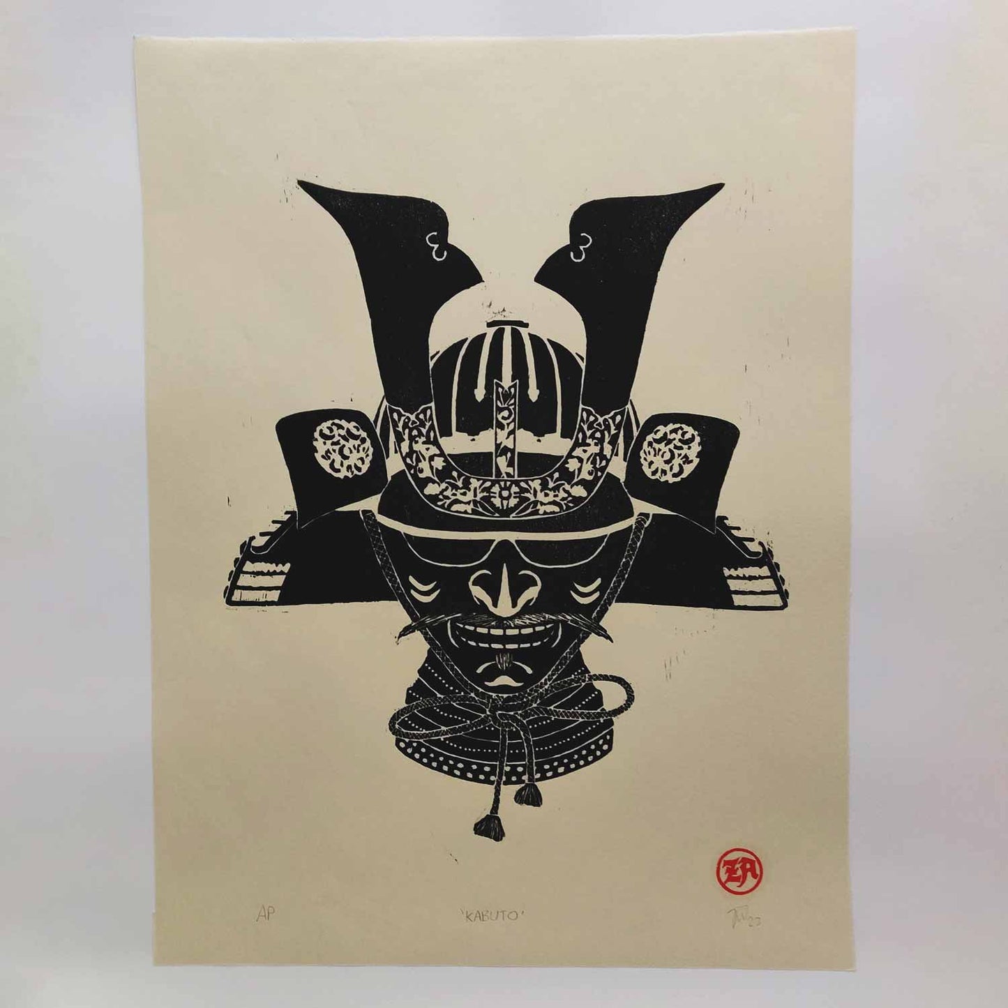 Samurai kabuto - woodcut print