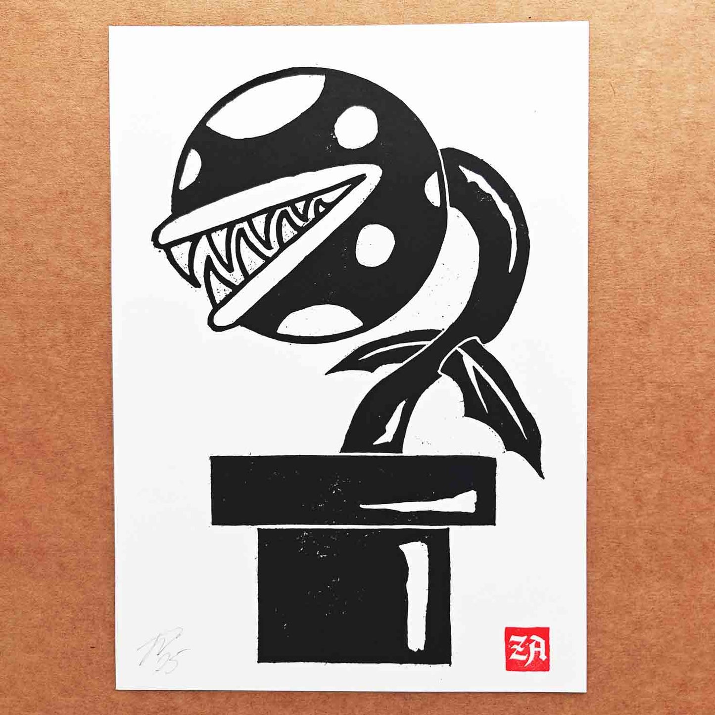 Piranha Plant - woodcut print