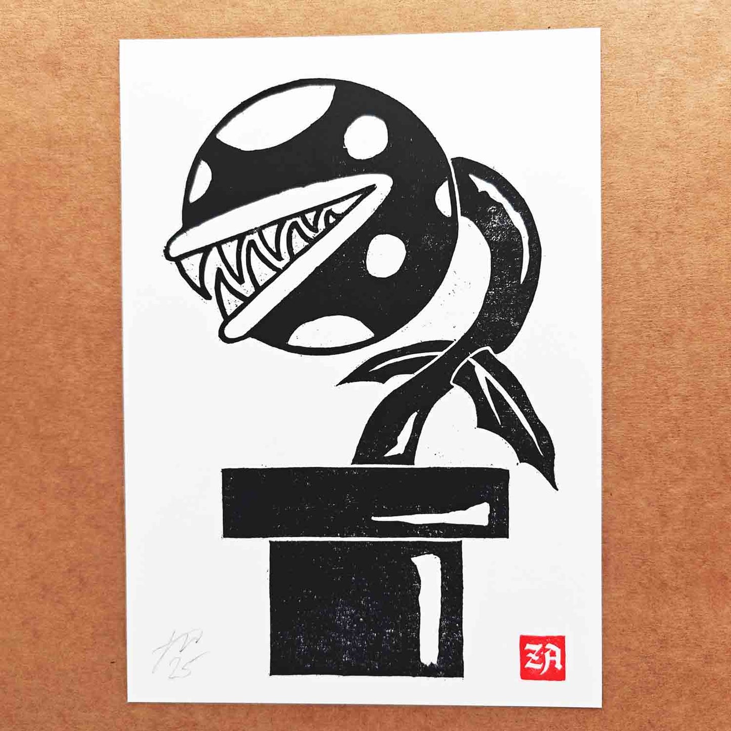 Piranha Plant - woodcut print