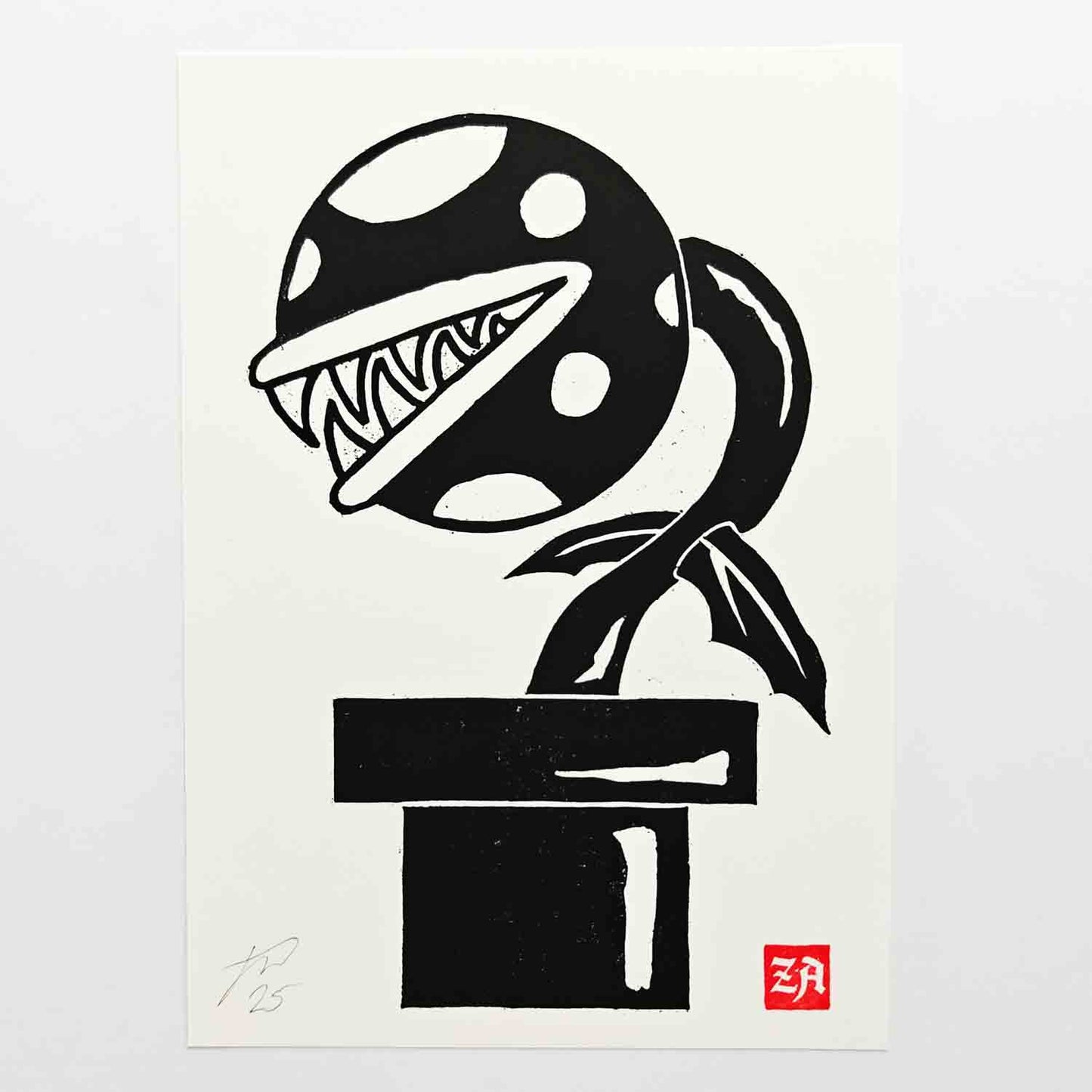 Piranha Plant - woodcut print