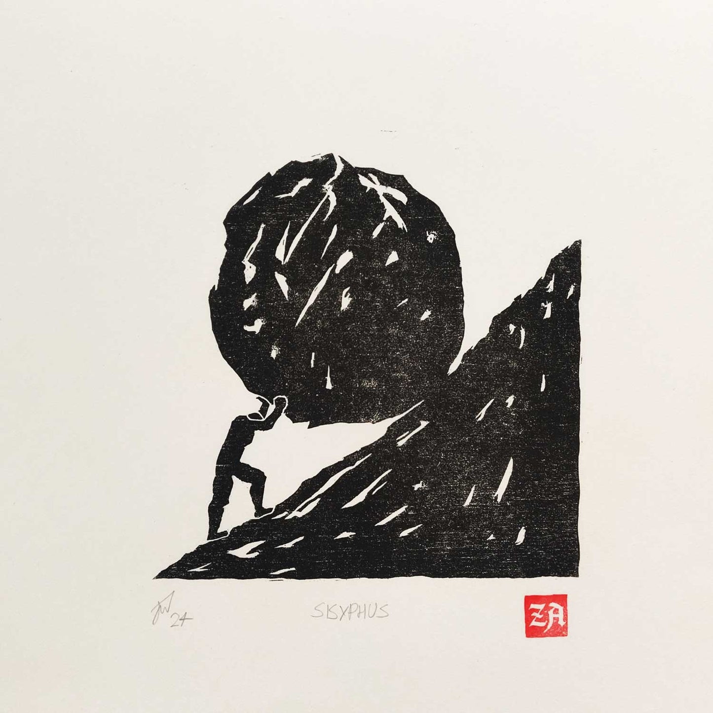 Sisyphus woodcut woodblock print