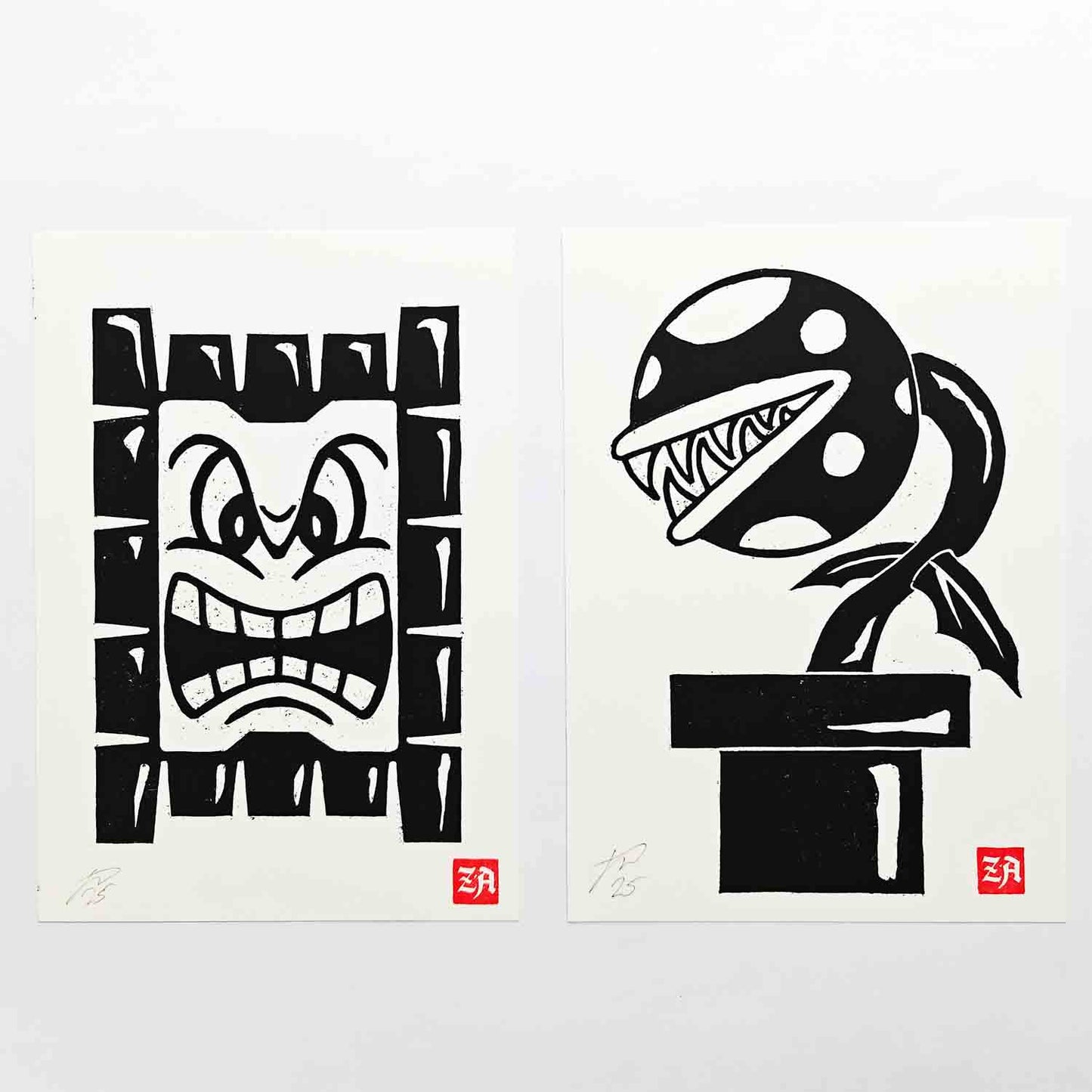 Piranha Plant - woodcut print