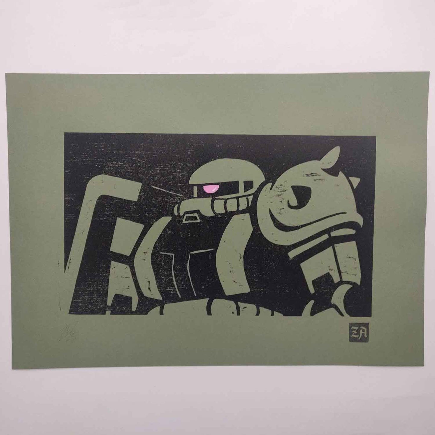 Zaku II - bamboo woodcut print