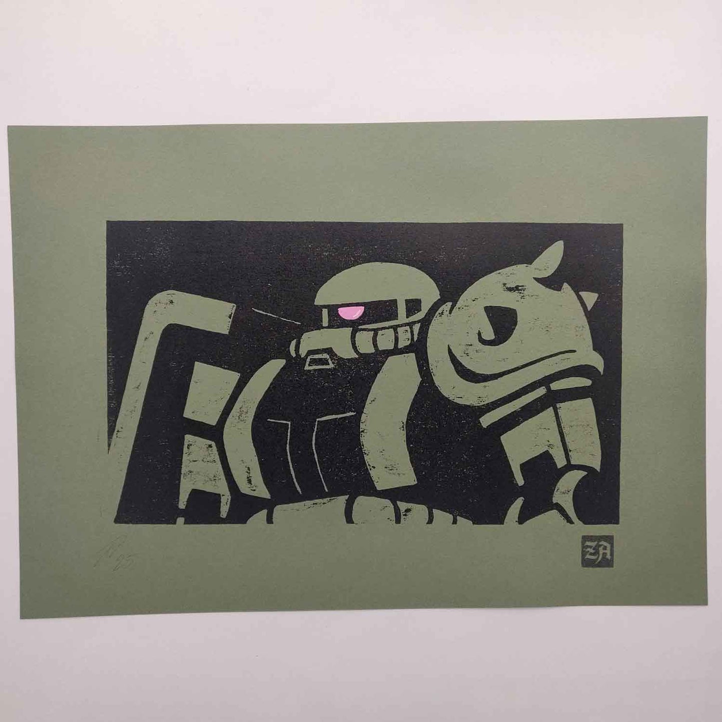 Zaku II - bamboo woodcut print