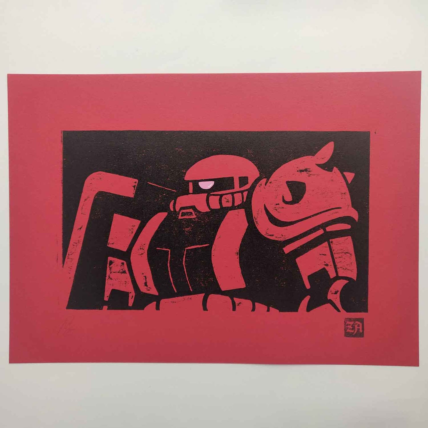 Zaku II - bamboo woodcut print