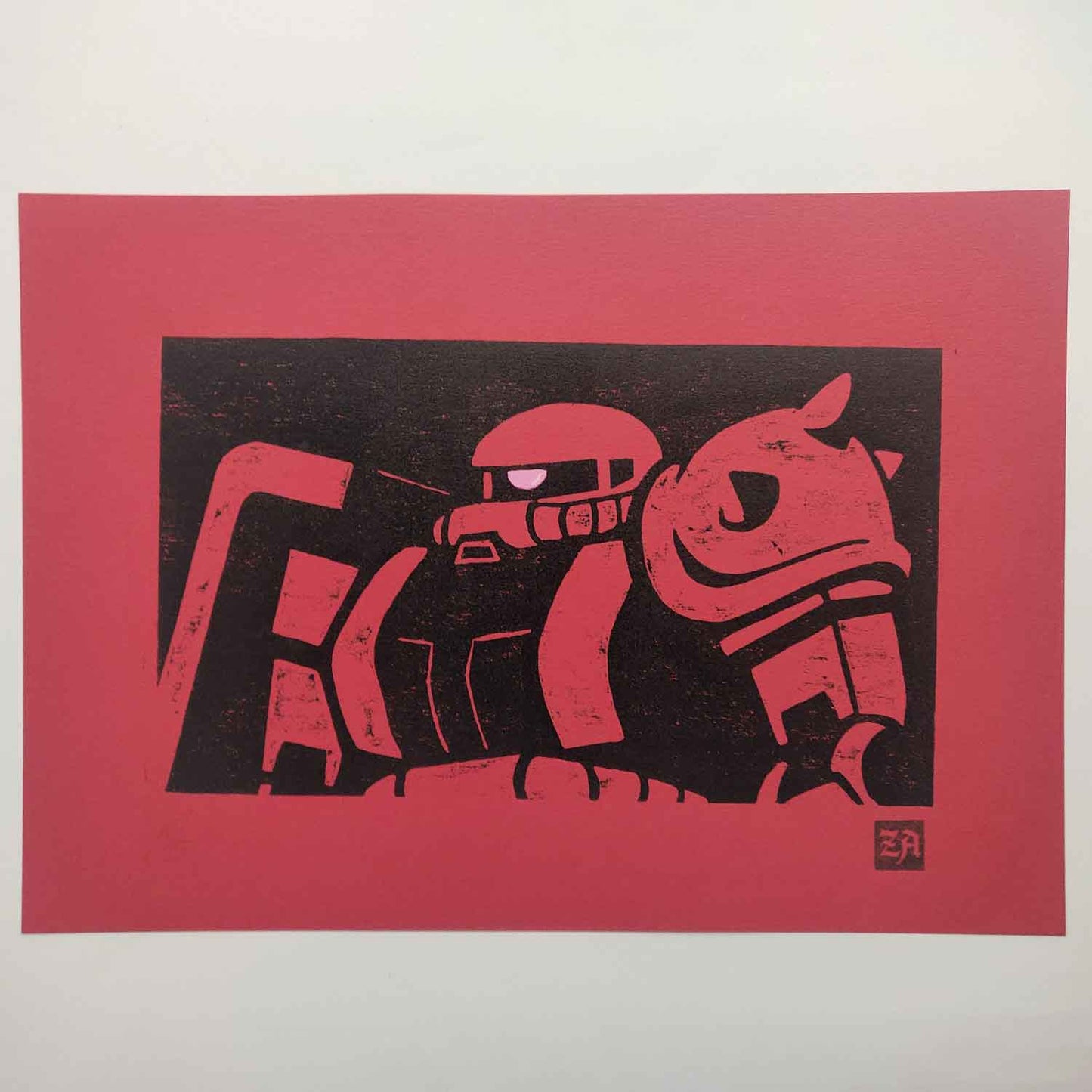 Zaku II - bamboo woodcut print