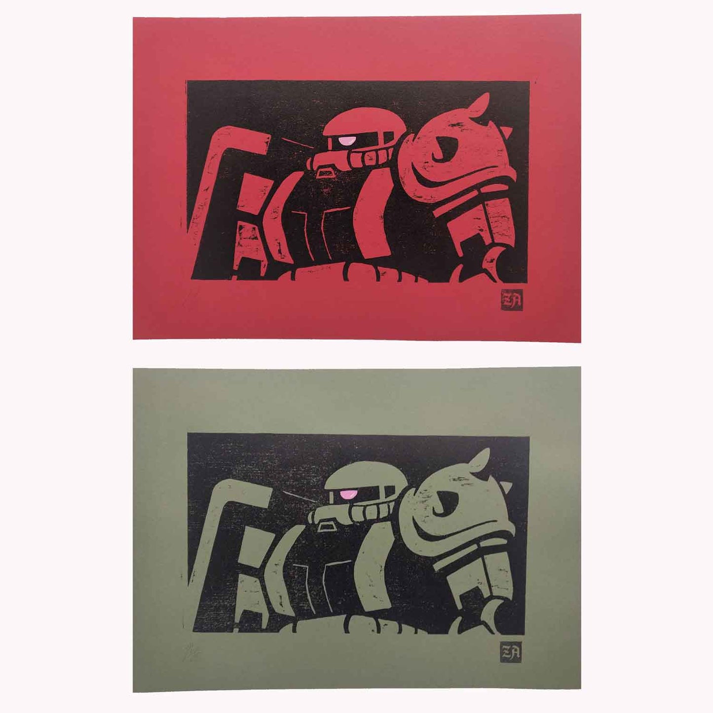 Zaku II - bamboo woodcut print