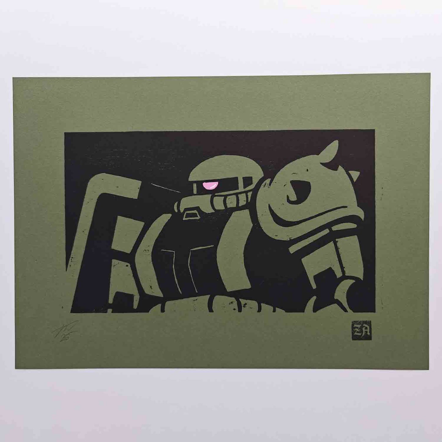 Zaku II - bamboo woodcut print