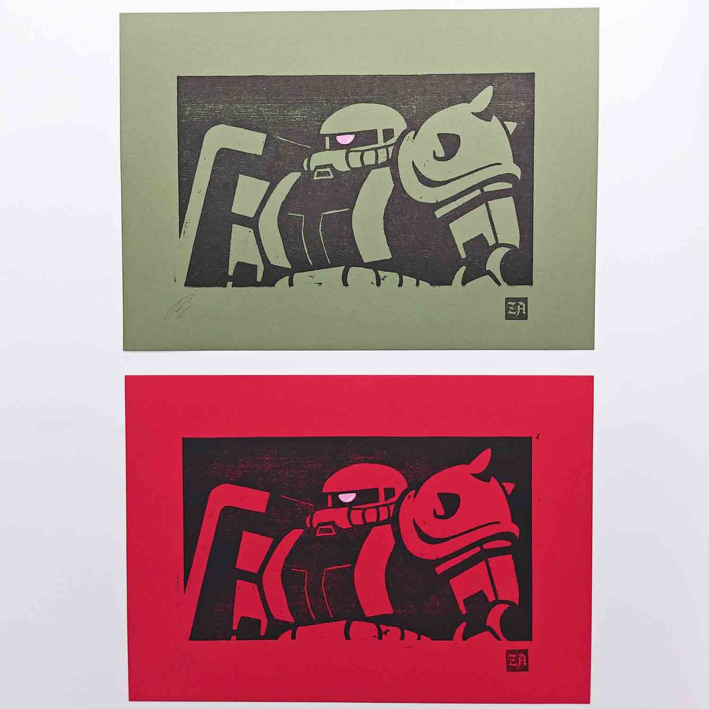 Zaku II - bamboo woodcut print