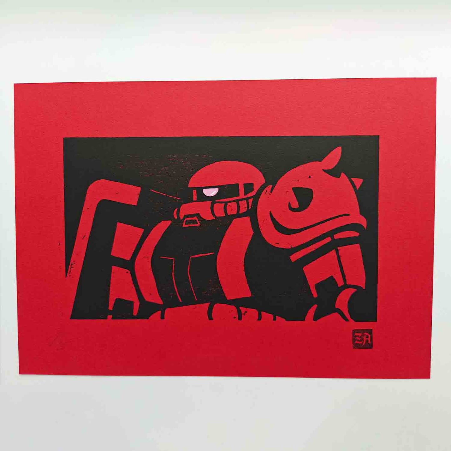 Zaku II - bamboo woodcut print