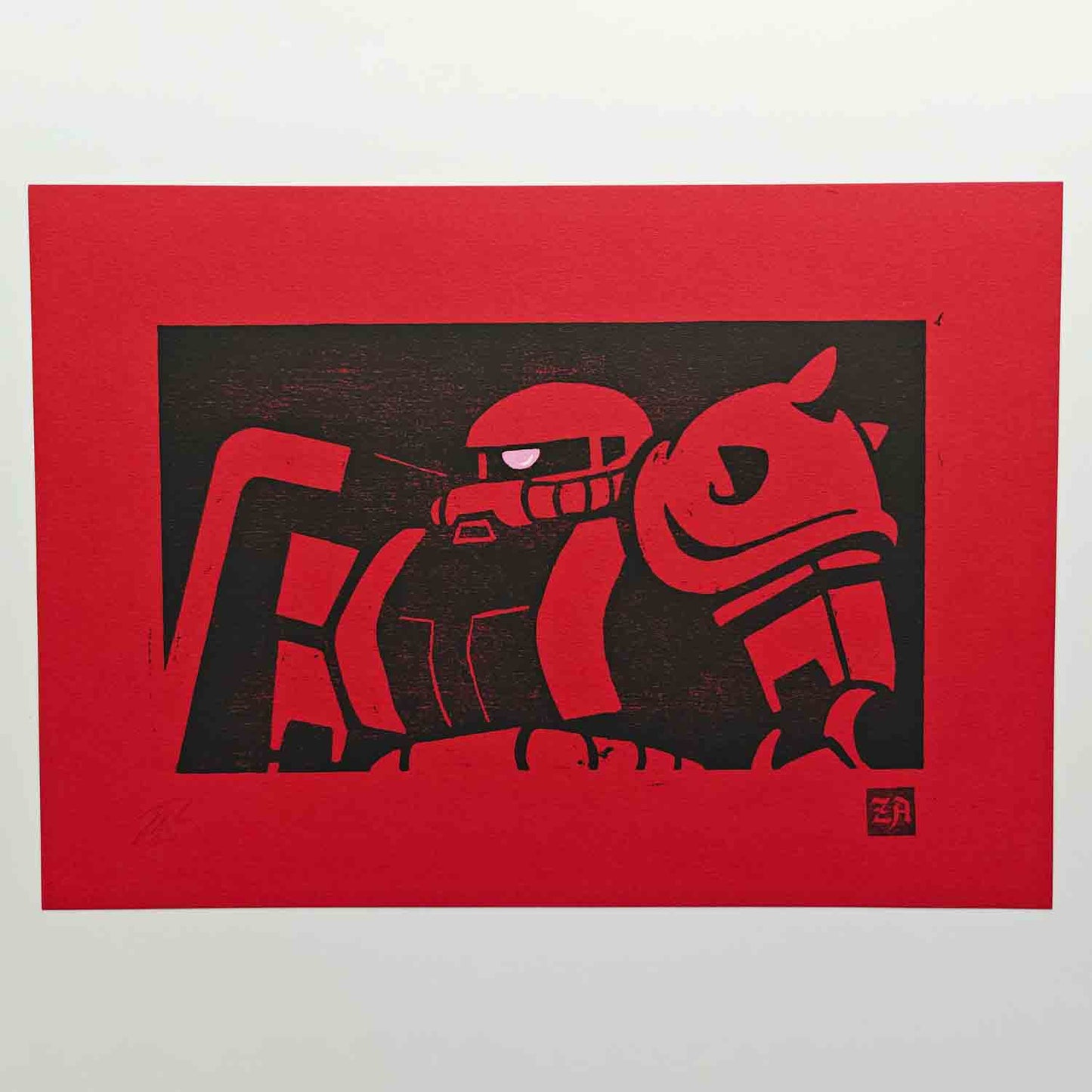 Zaku II - bamboo woodcut print