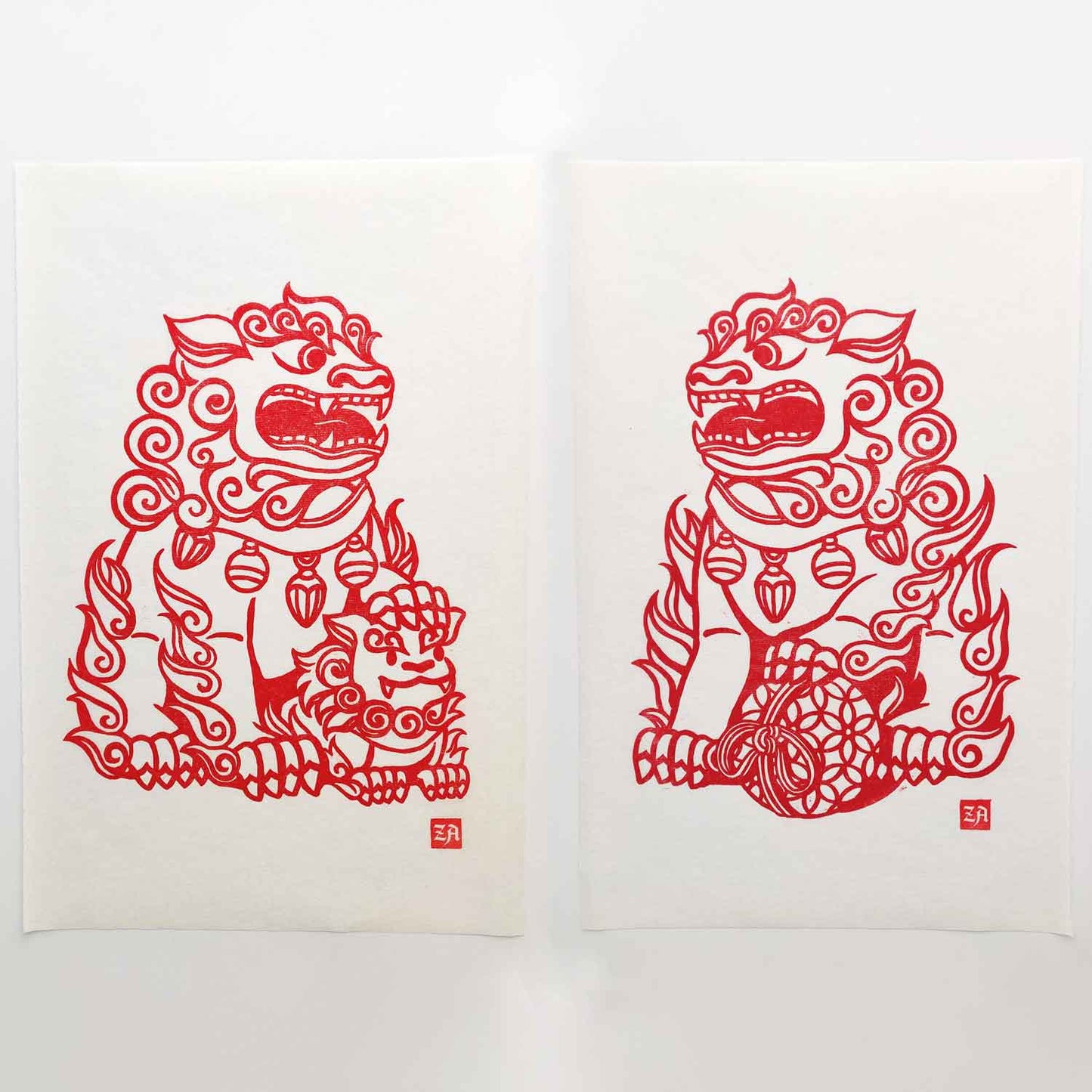 Chinese Guardian Lions - woodcut prints