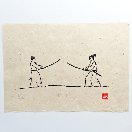 Duel - woodcut print