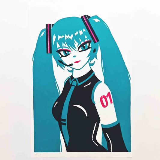 Hatsune Miku - woodcut print