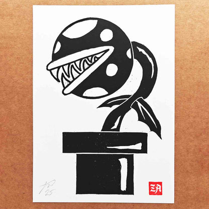 Piranha Plant - woodcut print