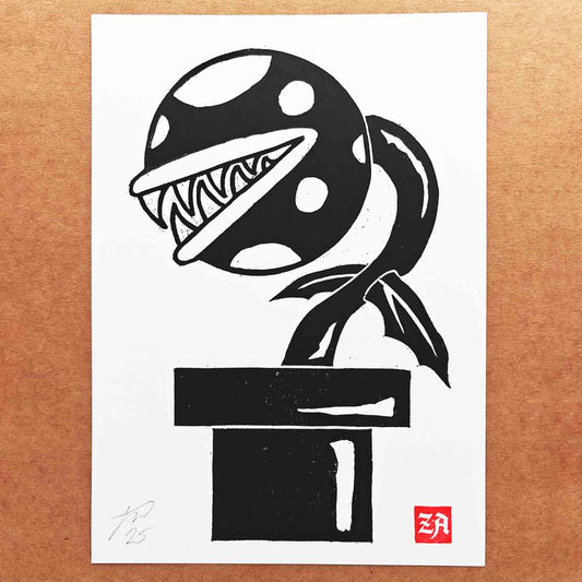 Piranha Plant - woodcut print