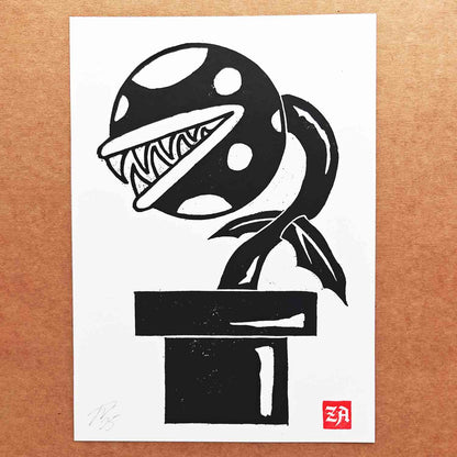 Piranha Plant - woodcut print