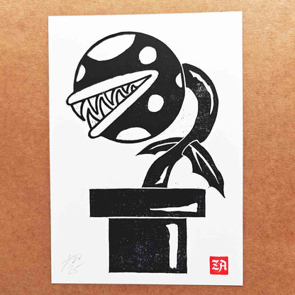 Piranha Plant - woodcut print