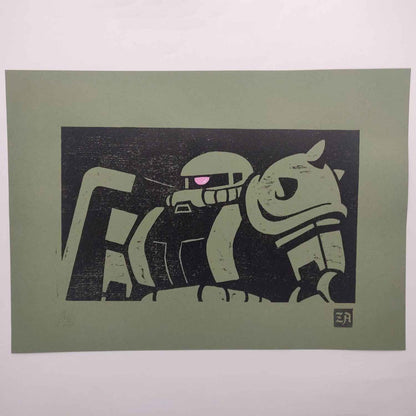 Zaku II - bamboo woodcut print