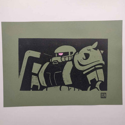 Zaku II - bamboo woodcut print