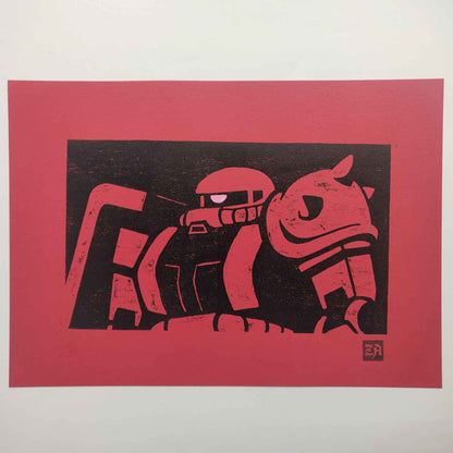 Zaku II - bamboo woodcut print
