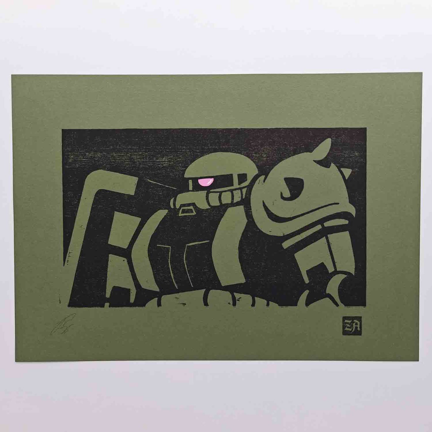 Zaku II - bamboo woodcut print