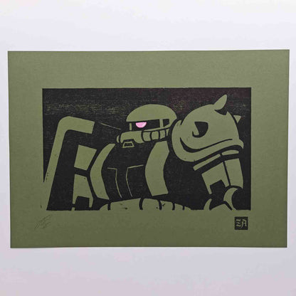 Zaku II - bamboo woodcut print